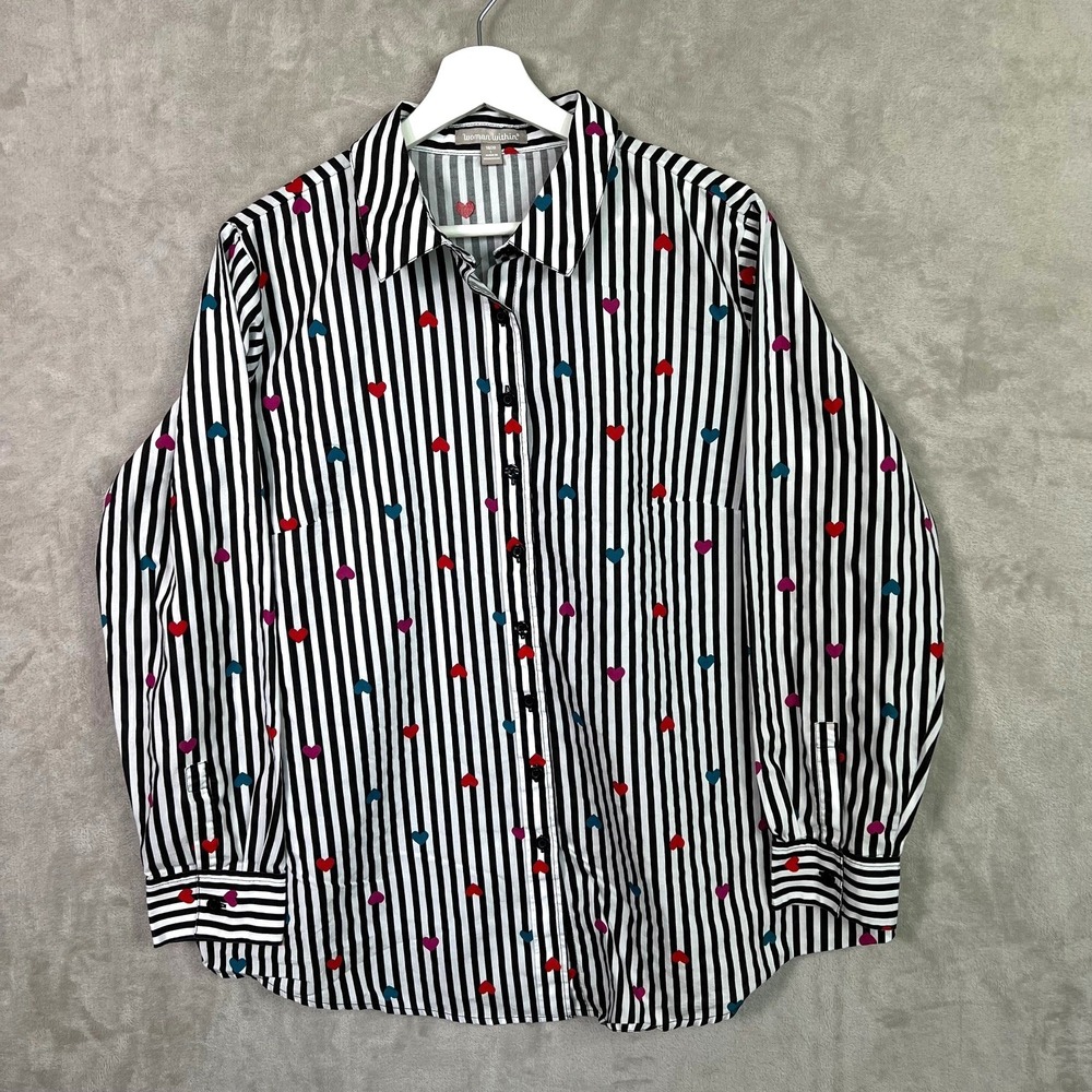 Vintage Y2K Woman Within‎ B&W Striped Fun Heart Print Button Down Shirt 18/20